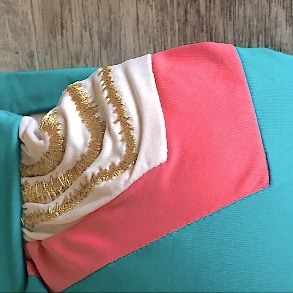 L*Space NWT Twist Colorblock Bandeau Bikini Top M Teal Pink Gold Lurex Strapless